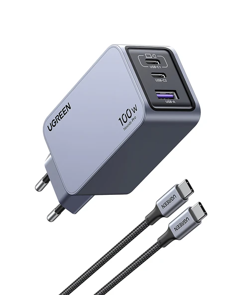 UGREEN Nexode Pro 100W GaN Hızlı Şarj Cihazı USB-C QC PD 2xUSB-C, 1xUSB-A, Uzay Grisi, 25874