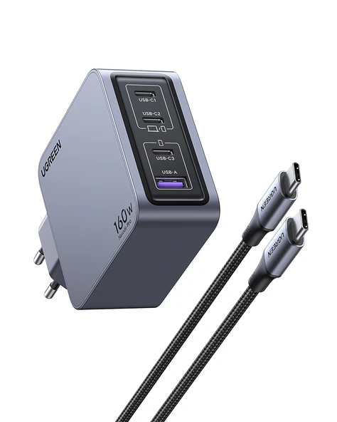 UGREEN Nexode Pro 160W GaN Hızlı Şarj Cihazı 100W Kablolu USB-C QC PD 3xUSB-C, 1xUSB-A, Uzay Grisi, 25877 - 2