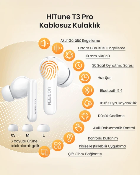 UGREEN HiTune T3 Pro Aktif Gürültü Engelleyici Kablosuz Kulak İçi Kulaklık, Beyaz, 35725 - 3