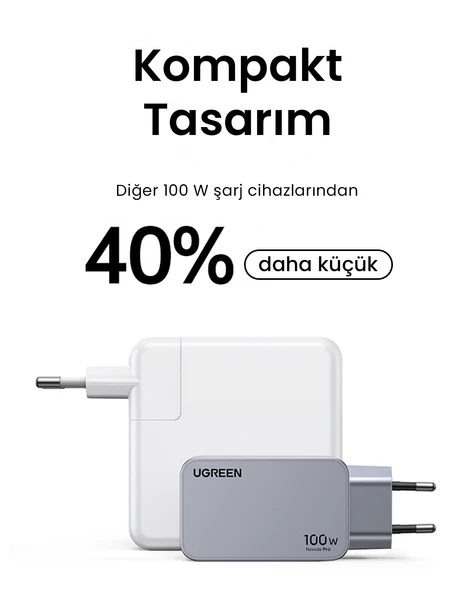 UGREEN Nexode Pro 100W GaN Hızlı Şarj Cihazı USB-C QC PD 2xUSB-C, 1xUSB-A, Uzay Grisi, 25874 - 3