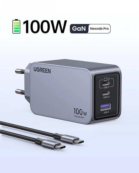 UGREEN Nexode Pro 100W GaN Hızlı Şarj Cihazı USB-C QC PD 2xUSB-C, 1xUSB-A, Uzay Grisi, 25874 - 2