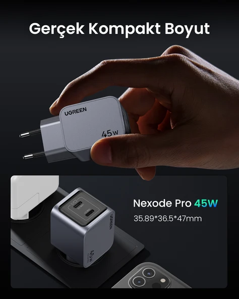 UGREEN Nexode Pro 45W GaN Hızlı Şarj Cihazı USB-C QC PD 2xUSB-C, Uzay Grisi, 35008 - 10