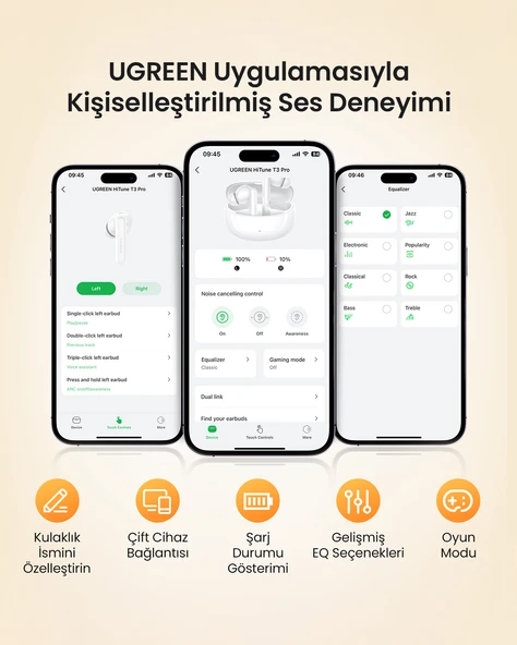 UGREEN HiTune T3 Pro Aktif Gürültü Engelleyici Kablosuz Kulak İçi Kulaklık, Beyaz, 35725 - 6