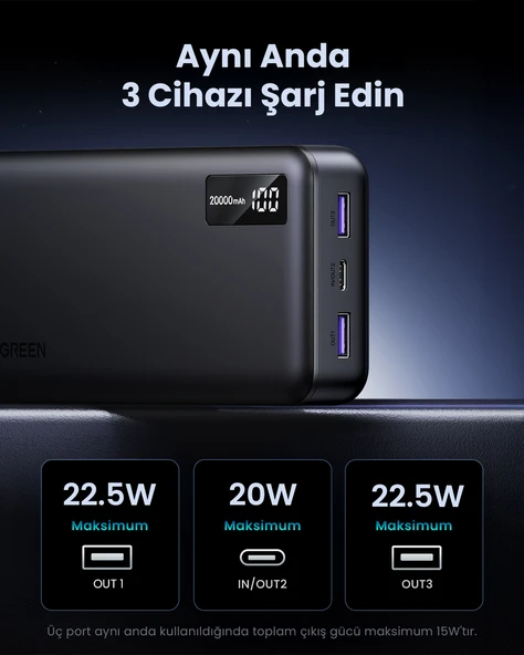 UGREEN 20.000 mAh PD 3.0 Hızlı Şarj Powerbank 1xUSB-C, 2xUSB-A, 25683 - 6