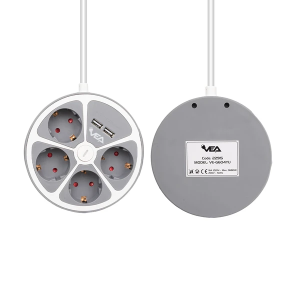4LÜ 2 USBLİ ANAHTARLI 1.5 METRE GRUP PRİZ VE-G604YU (5232) - 2