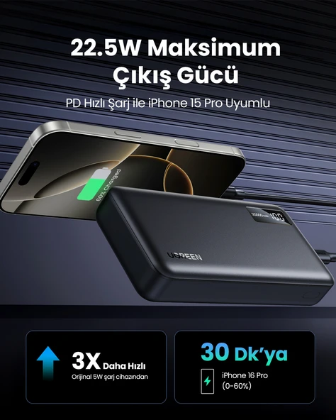 UGREEN 20.000 mAh PD 3.0 Hızlı Şarj Powerbank 1xUSB-C, 2xUSB-A, 25683 - 9