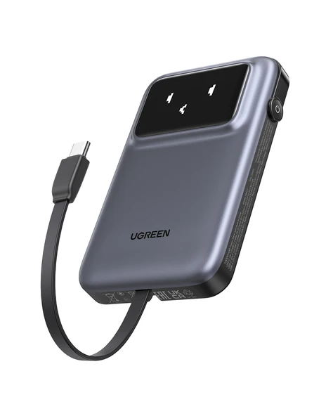 UGREEN Uno Dahili Kablolu 10.000 mAh 30W Hızlı Şarj Powerbank, Siyah, 35603B