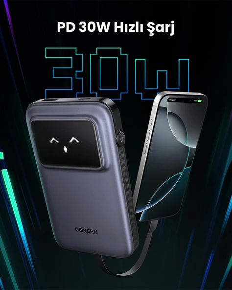 UGREEN Uno Dahili Kablolu 10.000 mAh 30W Hızlı Şarj Powerbank, Siyah, 35603B - 6