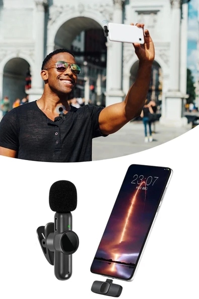 Type C Uyumlu İphone Dönüştürücülü Kablosuz Yaka Mikrofonu Android ve İphone Uyumlu Mini Mikrofon - Resim 6