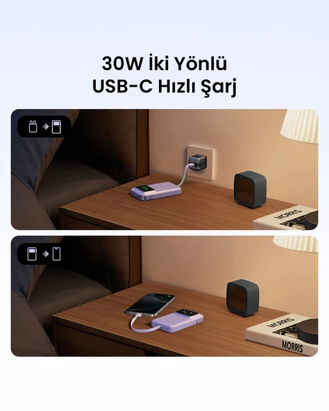 UGREEN Uno Dahili Kablolu 10.000 mAh 30W Hızlı Şarj Powerbank, Mor, 35604B - 6
