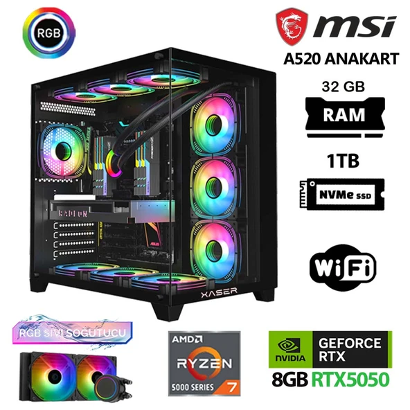 Xaser Delux X07 Ryzen 7 5700X 32GB Ram 1TB M.2 NVMe SSD 8GB RTX5050 Sıvı Soğutmalı Oyuncu Bilgisayarı - 1