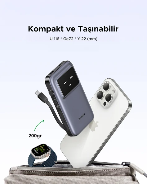 UGREEN Uno Dahili Kablolu 10.000 mAh 30W Hızlı Şarj Powerbank, Siyah, 35603B - 5