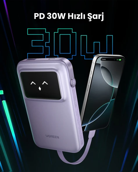 UGREEN Uno Dahili Kablolu 10.000 mAh 30W Hızlı Şarj Powerbank, Mor, 35604B - 4