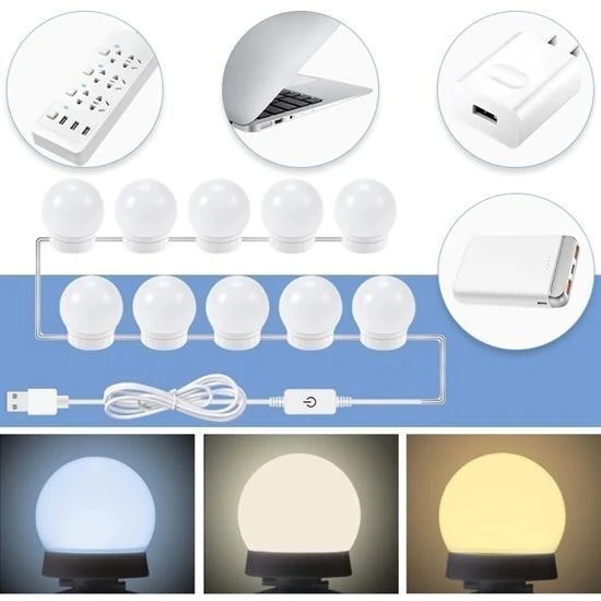Nostalji Hollywood Tarzı 10lu Makyaj Masası Aynası Beyaz Led Işıklı Lamba USB - Resim 5
