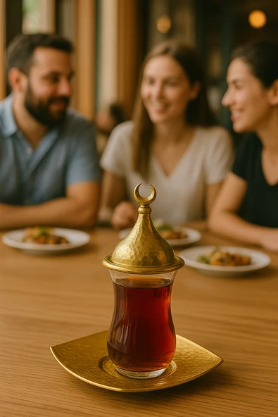 Kapak Şekerlikli Altın Renk 4 Parça Çay Bardağı - 2