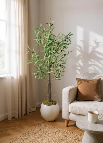 Yapay Zeytin Ağacı 130cm İki Gövdeli Beyaz Küre Saksıda Salex Doğal Gerçek Görünümlü Yapay Ağaç - Resim 3