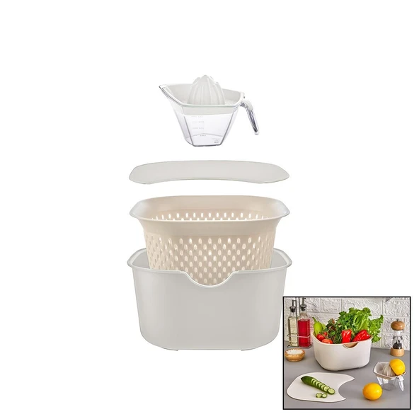 KREM 5PCS MUTFAK SETİ PLS.KARIŞTIRMA KAP=4LT - SÜZGEÇ=3.5LT - KESİM PANO - SIKACAK=0.25LT (5232) - 2