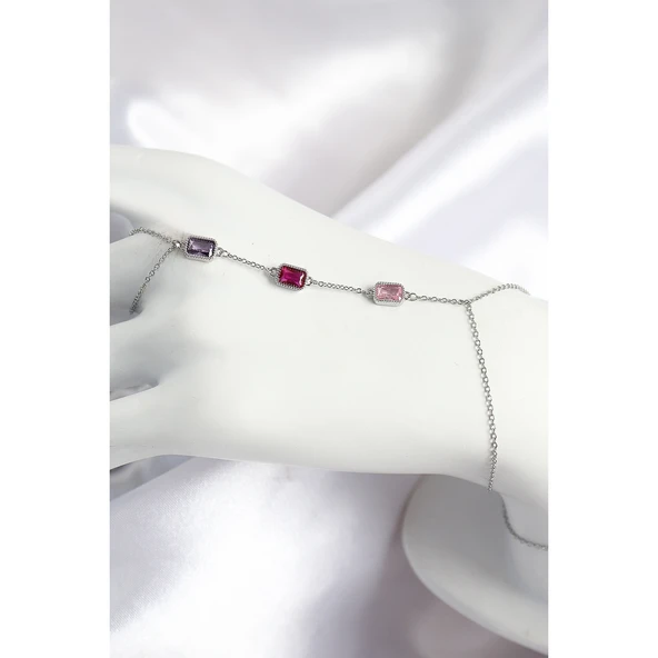 Pirinç Renkli Zirkon Taşlı Dikdörtgen Model Gümüş Renk Kadın Şahmeran - Tj-sn694