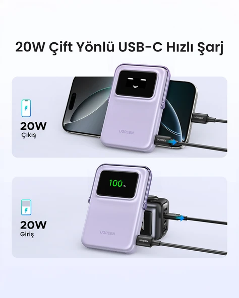 UGREEN Uno MagSafe Wireless 10.000 mAh 20W Hızlı Şarj Mini Powerbank, Mor, 45328 - 3