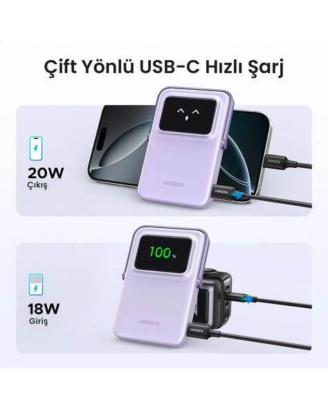 UGREEN Uno MagSafe Wireless 5.000 mAh 20W Hızlı Şarj Powerbank, Mor, 35606 - 5