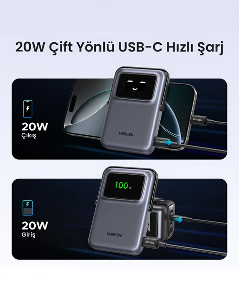 UGREEN Uno MagSafe Wireless 10.000 mAh 20W Hızlı Şarj Mini Powerbank, Siyah, 45327 - 3