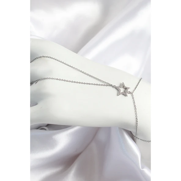 Pirinç Zirkon Taşlı Yıldız Model Gümüş Renk Kadın Şahmeran - Tj-sn702