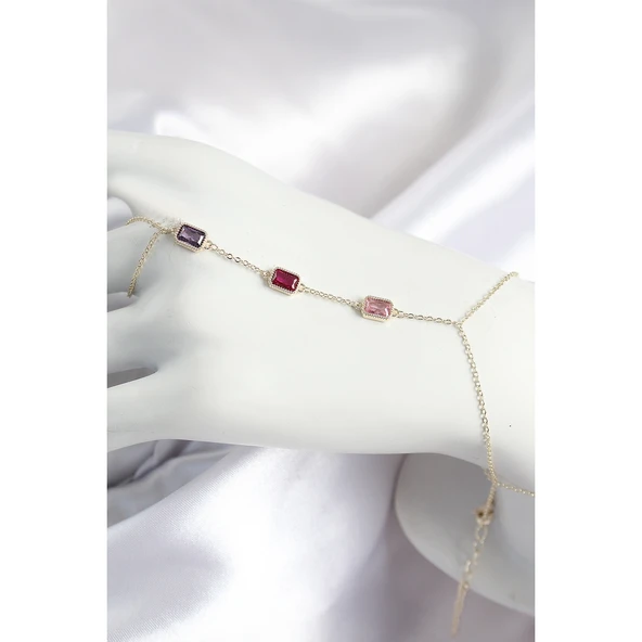 Pirinç Renkli Zirkon Taşlı Dikdörtgen Model Gold Renk Kadın Şahmeran - Tj-sn693