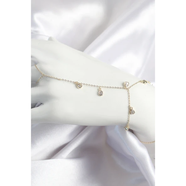 Pirinç Zirkon Taşlı Sallantılı Damla Model Gold Renk Kadın Şahmeran - Tj-sn703