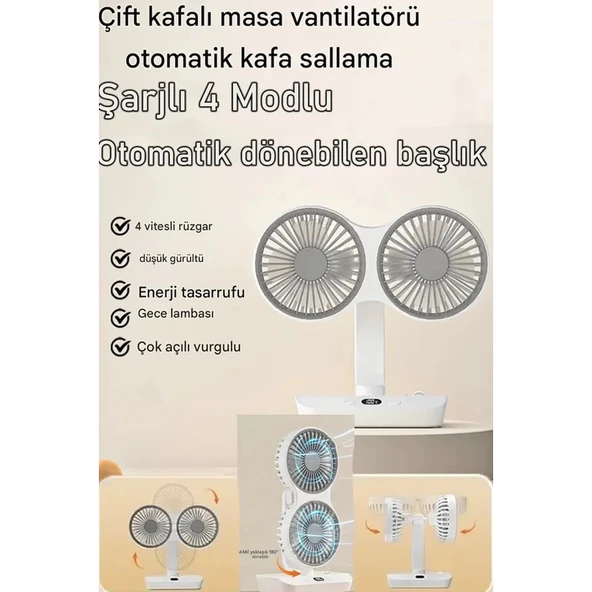 Masaüstü Dijital Ekranlı Çift Fanlı Led Işıklı Soğutucu Fan Ev Ofis Şarjlı Vantilatör - 6