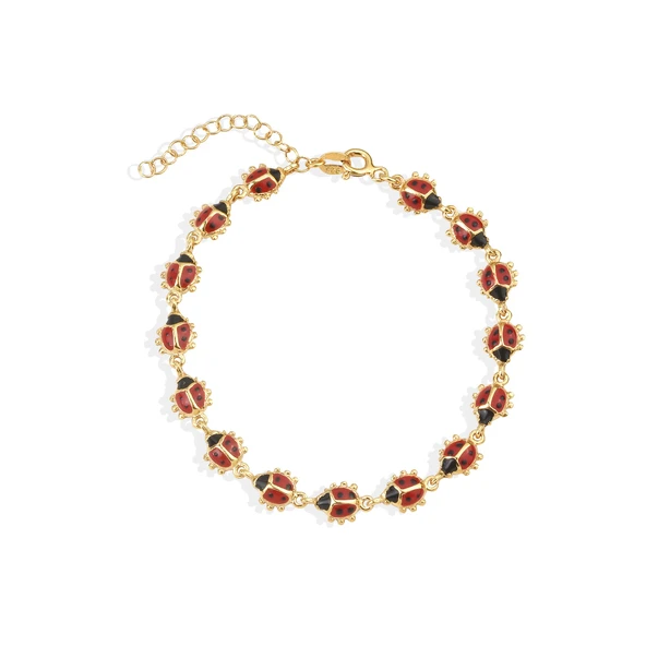 14 Ayar Altın Kaplama Mineli Uğur Böceği Bağlantılı Gümüş Bileklik - BE00100 - Resim 6