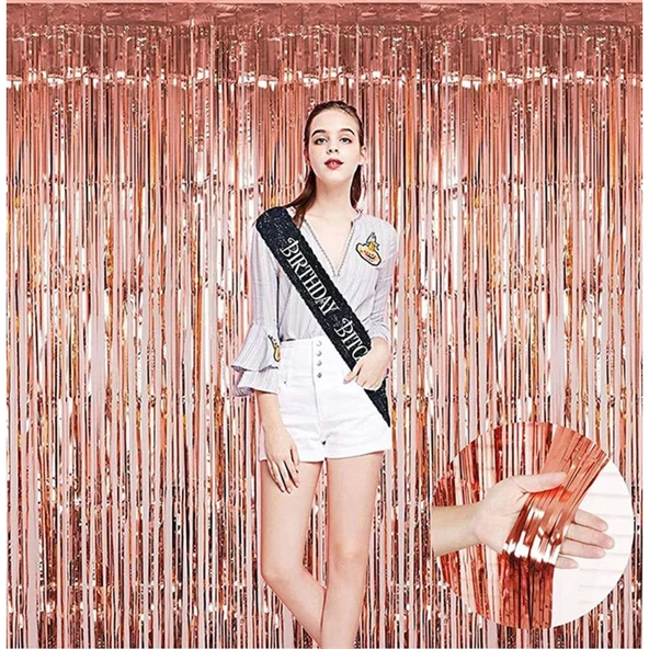 Rose Gold Püsküllü Kapı Perdesi - Parti, Bekarlığa Veda, Doğum Günü 1x2 M - 4