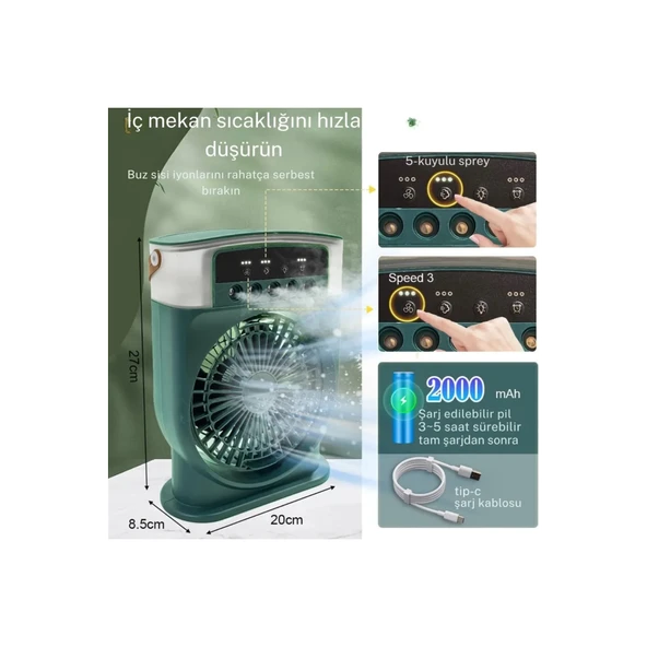 Şarjlı 600 Ml Su Hazneli Taşınabilir Masaüstü Vanilatör Güçlü Fan Ve 2000 Mah Pil Beyaz - 4