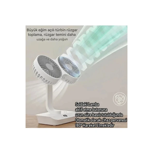 Masaüstü Dijital Ekranlı Çift Fanlı Led Işıklı Soğutucu Fan Ev Ofis Şarjlı Vantilatör - 2