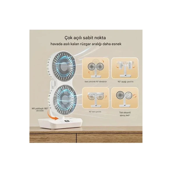 Masaüstü Dijital Ekranlı Çift Fanlı Led Işıklı Soğutucu Fan Ev Ofis Şarjlı Vantilatör - 7