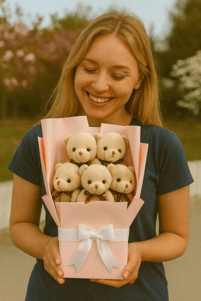 Peluş Ayıcık Buketi A.Kahve – 5’li Sevimli Teddy Bear Aranjmanı | Hediyelik ve Dekoratif - Resim 2