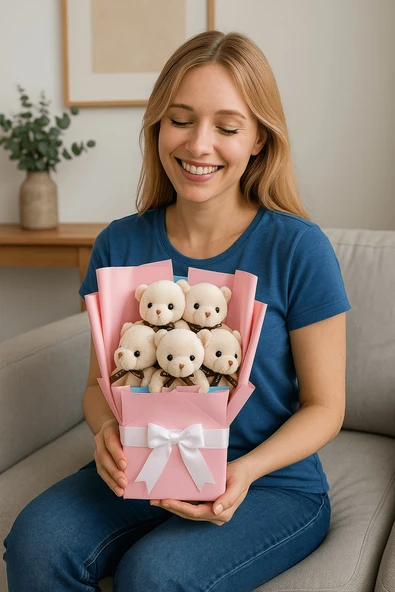 Peluş Ayıcık Buketi Bej – 5’li Sevimli Teddy Bear Aranjmanı | Hediyelik ve Dekoratif - Resim 2