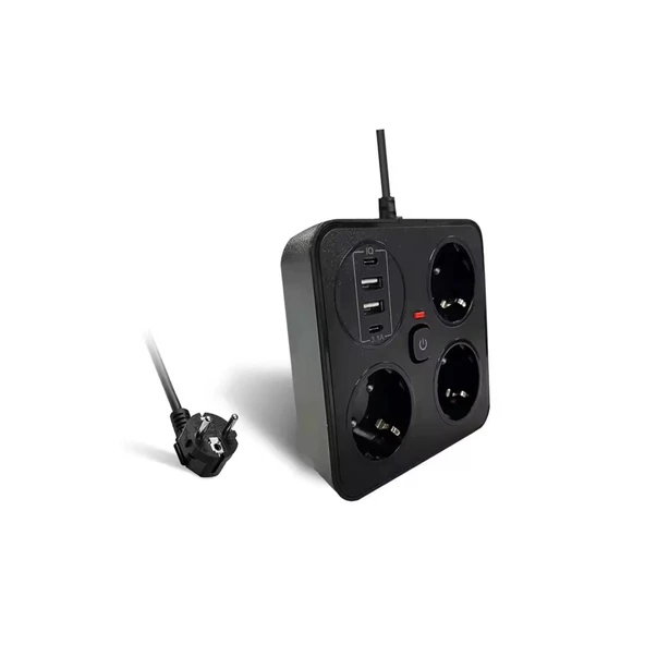 Akım Korumalı Anahtarlı Priz - 3x Priz - 2x Usb - 2x Type-c - 2 Mt Kablo Hızlı Şarj Özellikli Siyah - 2