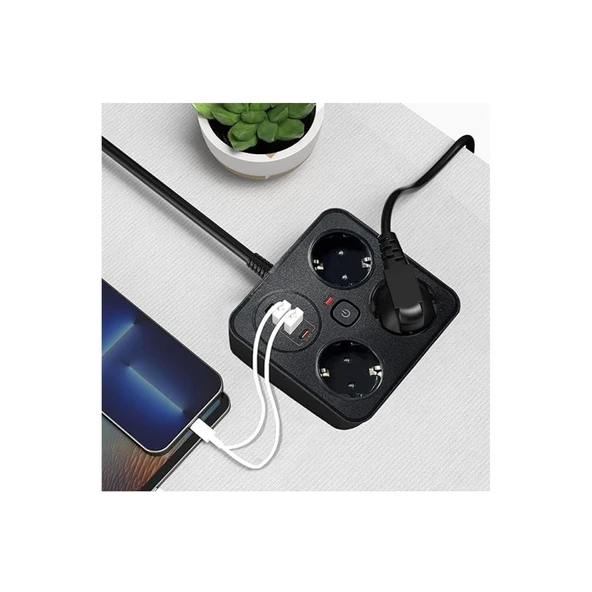 Akım Korumalı Anahtarlı Priz - 3x Priz - 2x Usb - 2x Type-c - 2 Mt Kablo Hızlı Şarj Özellikli Siyah - 3