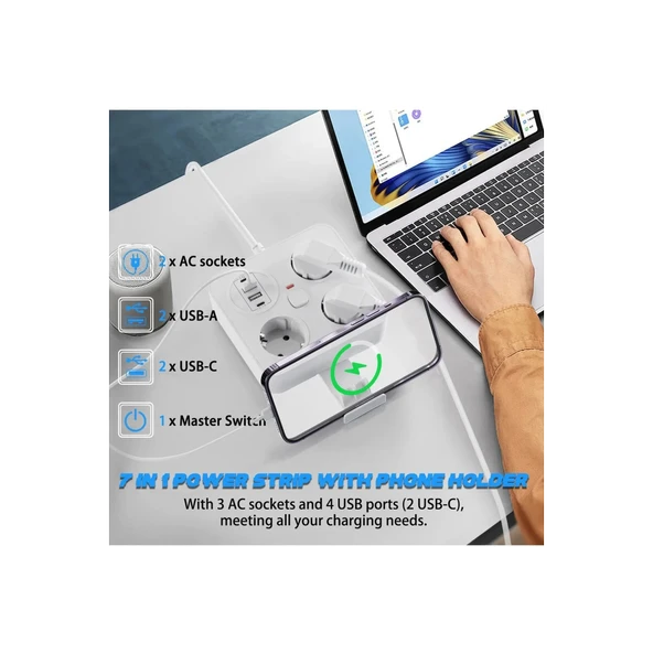Akım Korumalı Anahtarlı Priz - 3x Priz - 2x Usb - 2x Type-c - 2 Mt Kablo Hızlı Şarj Özellikli Siyah - 5