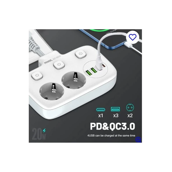 Akım Korumalı 2’li Ayrı Anahtarlı Priz, 2x Priz, 3x Usb, 1x Type-c, 2 Mt Kablo, Hızlı Şarj - 2