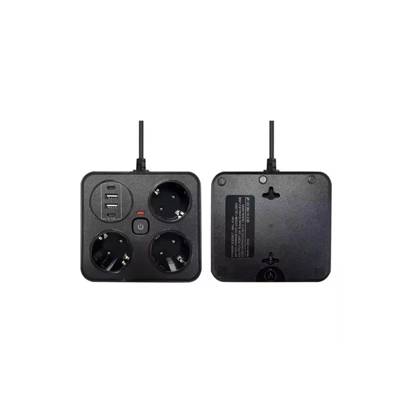 Akım Korumalı Anahtarlı Priz - 3x Priz - 2x Usb - 2x Type-c - 2 Mt Kablo Hızlı Şarj Özellikli Siyah