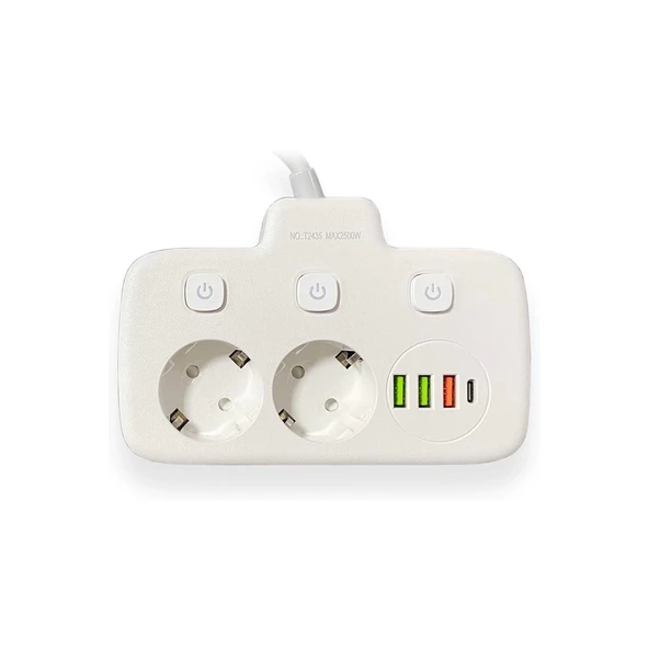 Akım Korumalı 2’li Ayrı Anahtarlı Priz, 2x Priz, 3x Usb, 1x Type-c, 2 Mt Kablo, Hızlı Şarj - 4