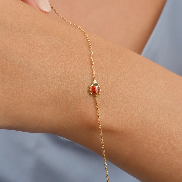 14 Ayar Altın Kaplama Zarif Mineli Uğur Böceği Gümüş Bileklik - BE00101 - Resim 5