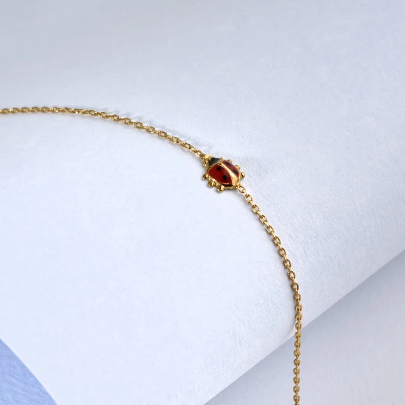 14 Ayar Altın Kaplama Zarif Mineli Uğur Böceği Gümüş Bileklik - BE00101 - Resim 3