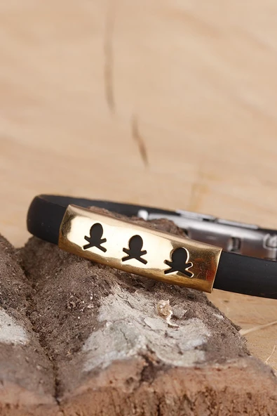 Siyah Silikon Sarı Renk Çelik Aksesuar Kuru Kafa Detaylı Erkek Bileklik - TJ-EB930 - 2