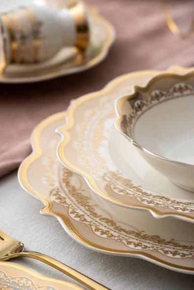 Acar Rosella 60 Parça 12 Kişilik Gold Porselen Yemek Takımı Beyaz - Gold - Resim 2