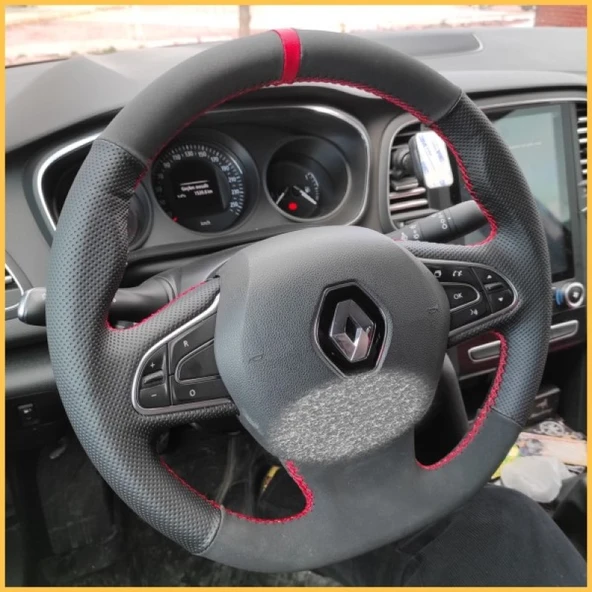 Megane 4 Araca Özel Direksiyon Kılıfı (Noktalı Nubuk Kırmızı Yüzüklü) - Resim 3