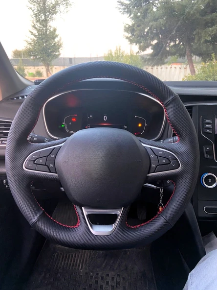 Megane 4 İcon Araca Özel Direksiyon Kılıfı (Nokta Karbon Kırmızı İp) ürün görseli