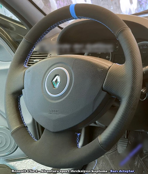 Clio 2 Araca Özel Direksiyon Kılıfı (Noktalı Nubuk Mavi Yüzüklü) ürün görseli
