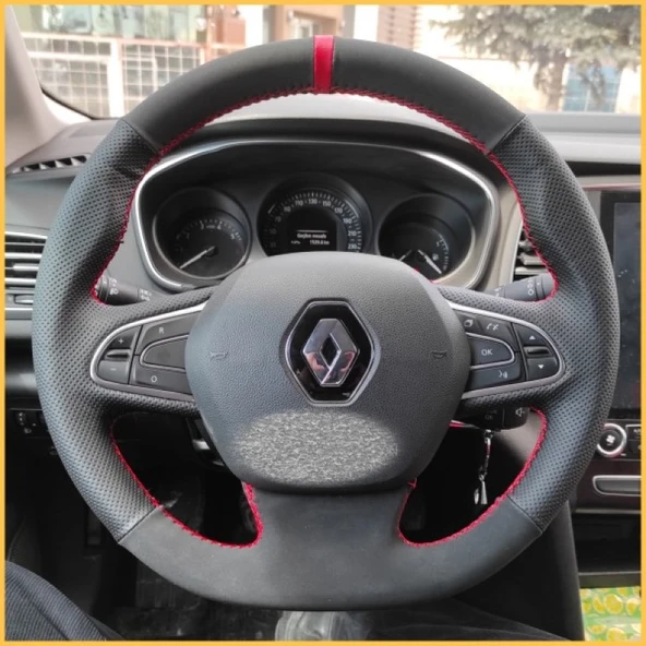 Megane 4 Araca Özel Direksiyon Kılıfı (Noktalı Nubuk Kırmızı Yüzüklü) ürün görseli